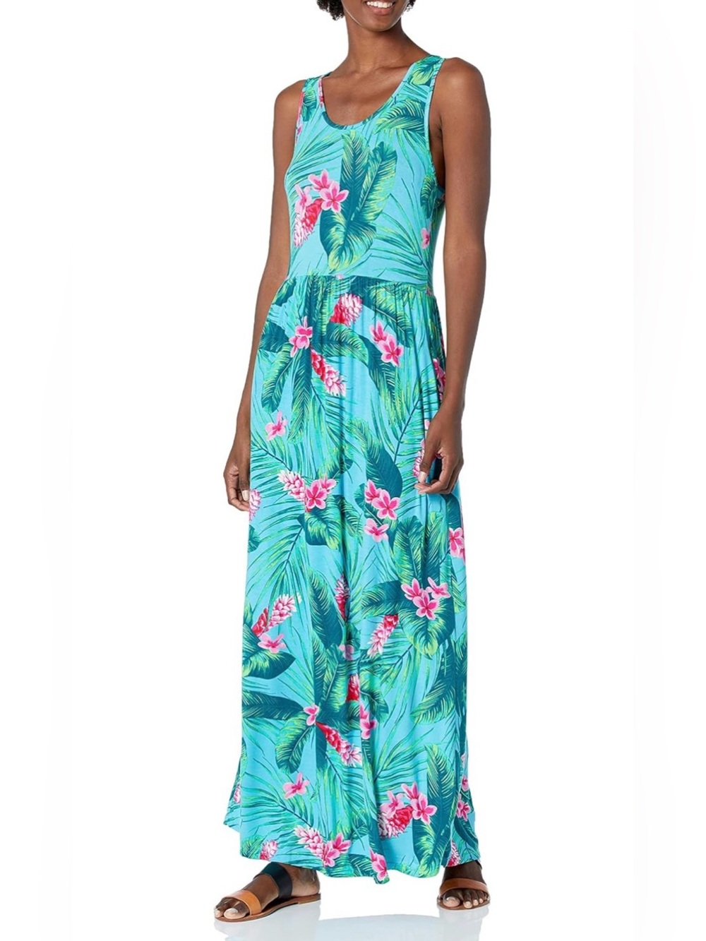 28 Palms Tropical Hawaiian Beach Floral Teal Lightweight Maxi Dress M Pockets